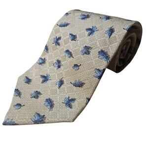 Vintage Tino Cosma Italy Silk Tie Wide 4" Blue Leaf Jacquard Beige 80s 90s